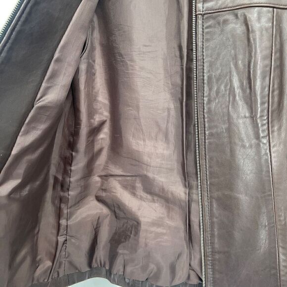 Politix Brown Collared Open Bottom Long Sleeve Zip Up Leather Jacket Size 4 - Picture 4 of 10